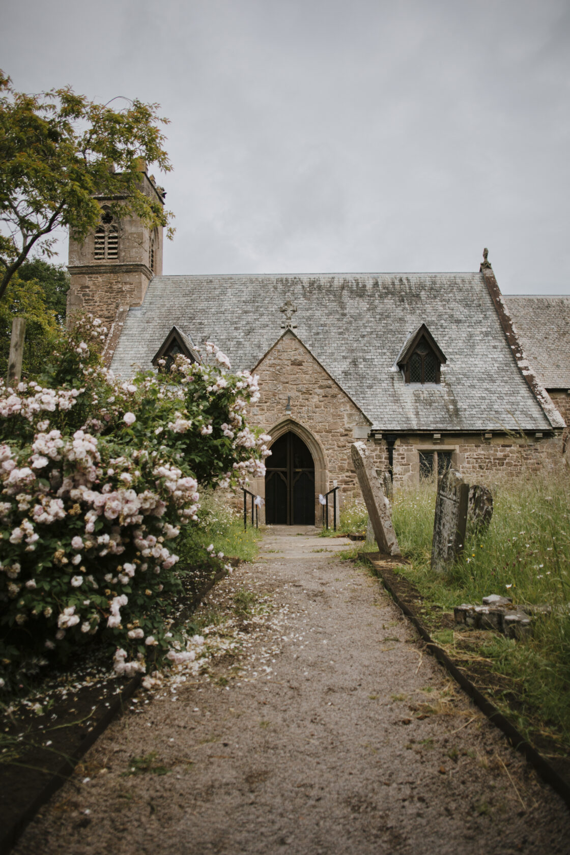A quaint stone church with a slate roof and a bell tower, flanked by blooming pink flowers and tall grass along a gravel pathway.