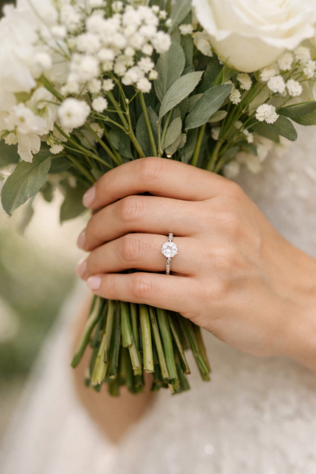 Elegant Engagement Ring with Bridal Bouquets A close-up of a hand holding a bouquet of white flowers and greenery, showcasing a sparkling engagement ring on the ring finger. Shot for Lydia Turner.